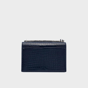 SAINT LAURENT Sunset Medium Croc-Effect Leather Shoulder Bag in Navy