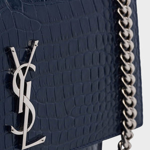 SAINT LAURENT Sunset Medium Croc-Effect Leather Shoulder Bag in Navy