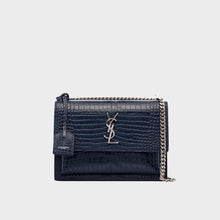 Load image into Gallery viewer, SAINT LAURENT Sunset Medium Croc-Effect Leather Shoulder Bag in Navy