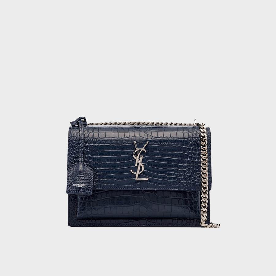 SAINT LAURENT Sunset Medium Croc-Effect Leather Shoulder Bag in Navy