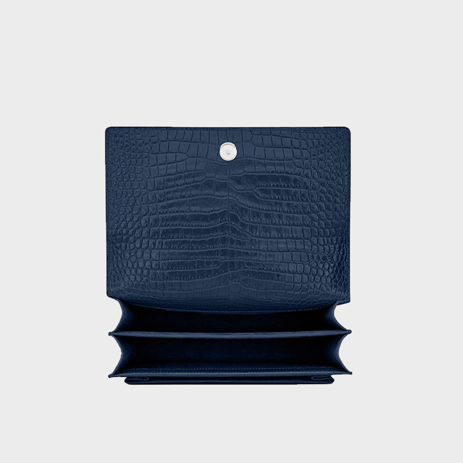 Sunset Medium Croc-Effect Leather Shoulder Bag in Navy