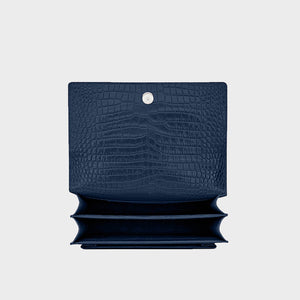 SAINT LAURENT Sunset Medium Croc-Effect Leather Shoulder Bag in Navy