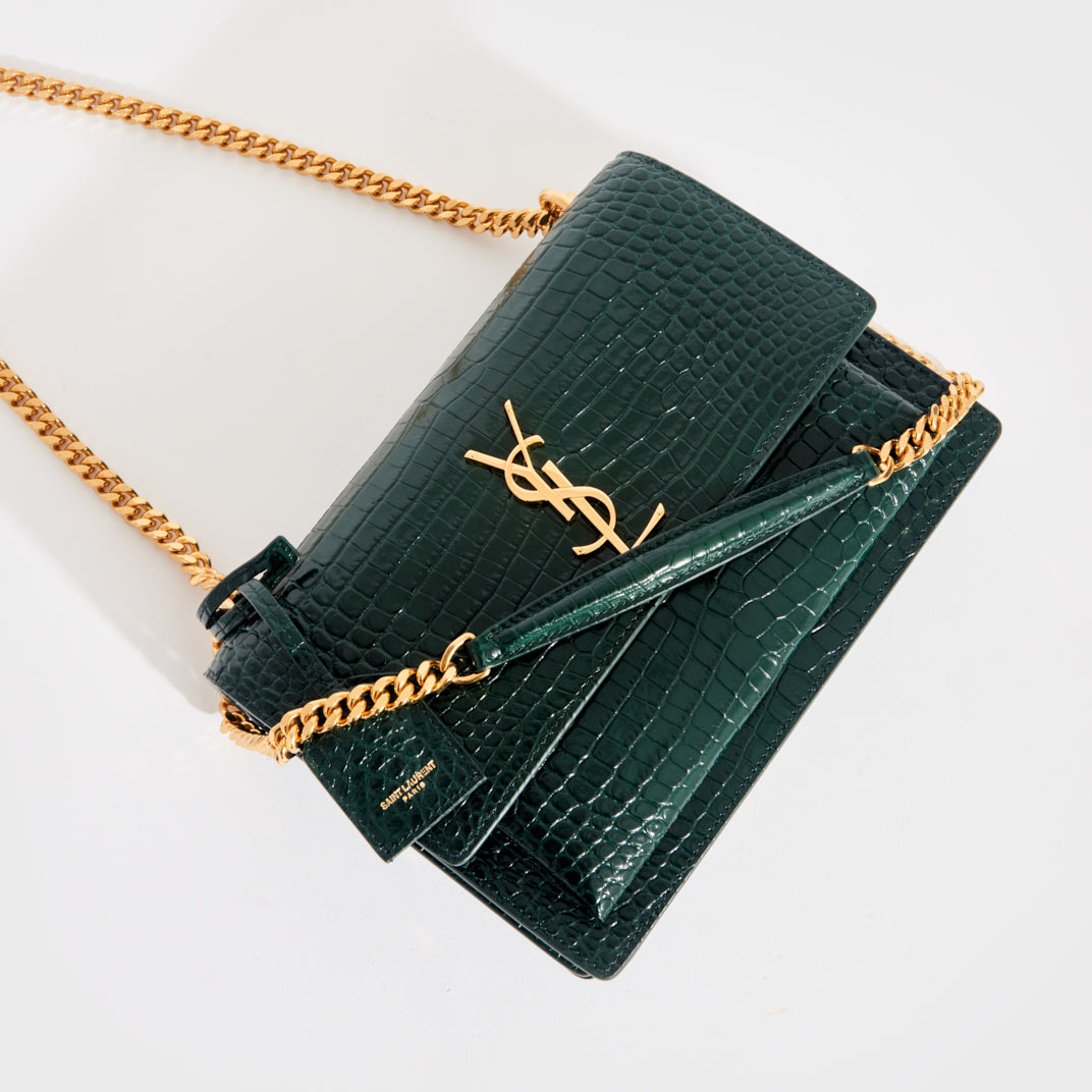 Sunset Medium Leather Shoulder Bag in Dark Mint