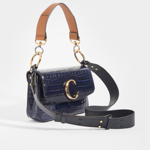 Load image into Gallery viewer, Side of CHLOÉ C Double Carry Shoulder Bag in Navy Croc Effect Leather