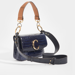 Side of CHLOÉ C Double Carry Shoulder Bag in Navy Croc Effect Leather