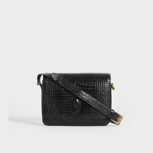 SAINT LAURENT Le 61 Framed Small Saddle Bag in Mock-Croc Leather in Black