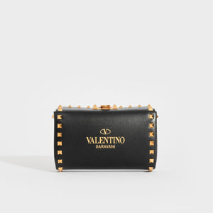 Front view of the VALENTINO Garavani Box Rockstud Alcove Shoulder Bag in Black