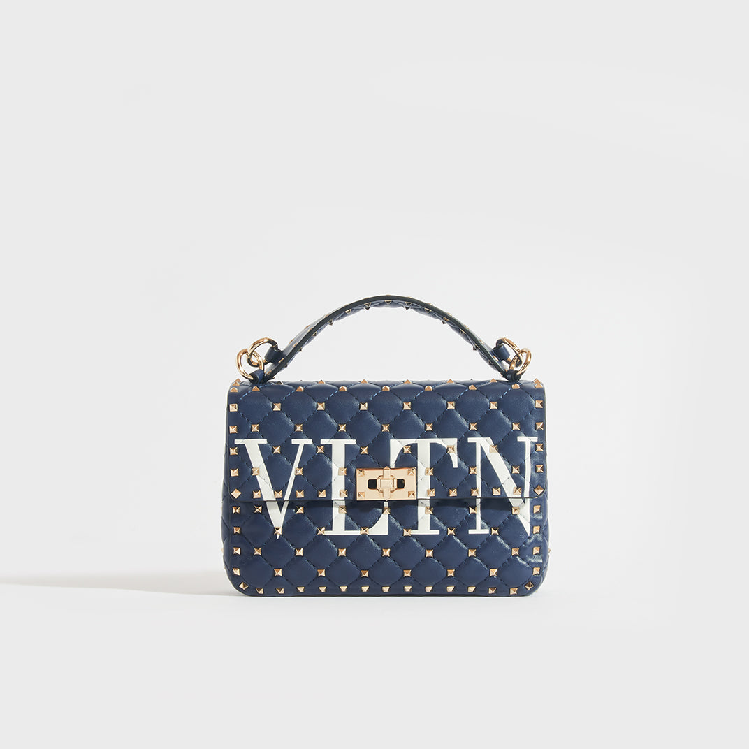 VALENTINO Garavani Rockstud Spike VLTN Quilted Leather Shoulder Bag in Navy