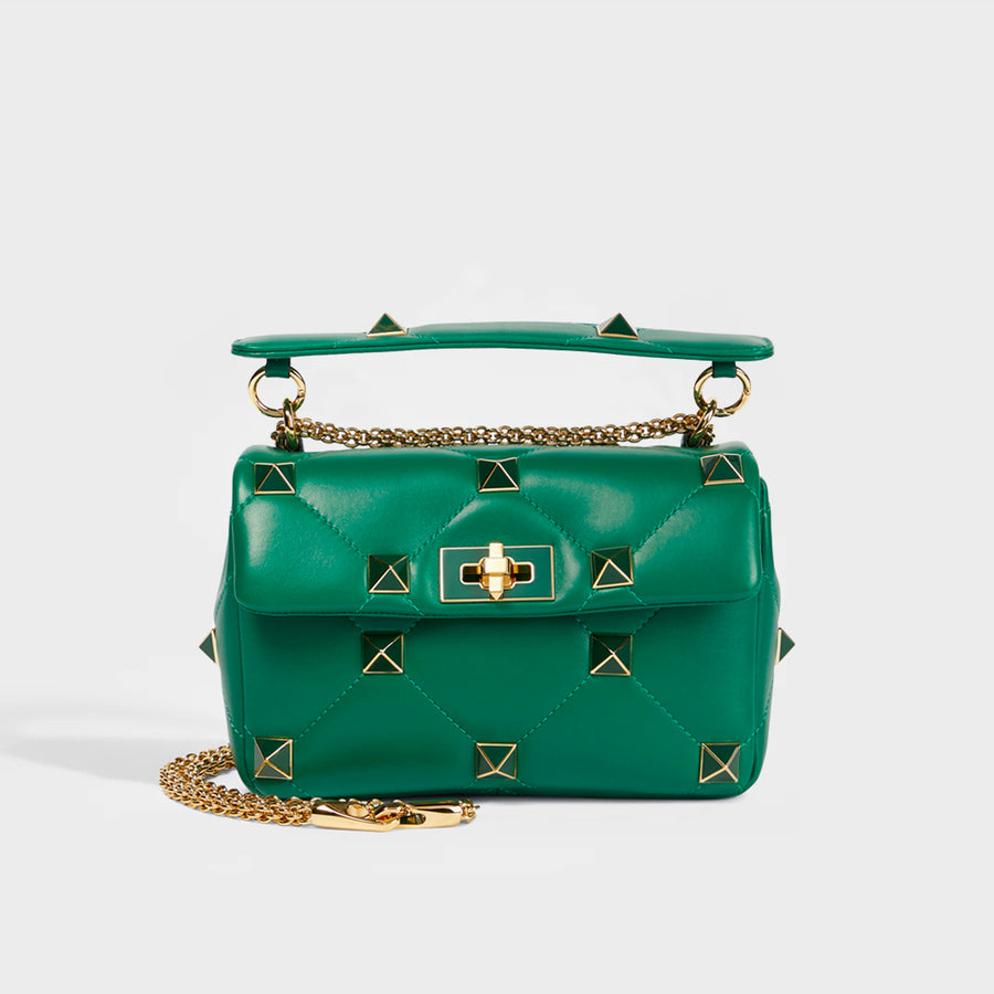 Garavani Roman Medium Stud Leather Shoulder Bag in Green