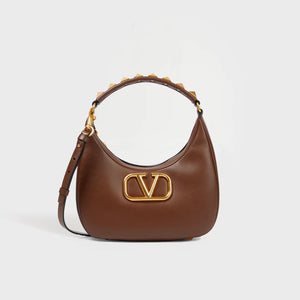 VALENTINO Garavani Roman Stud Sign Leather Shoulder Bag in Brown