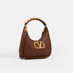 VALENTINO Garavani Roman Stud Sign Leather Shoulder Bag in Brown