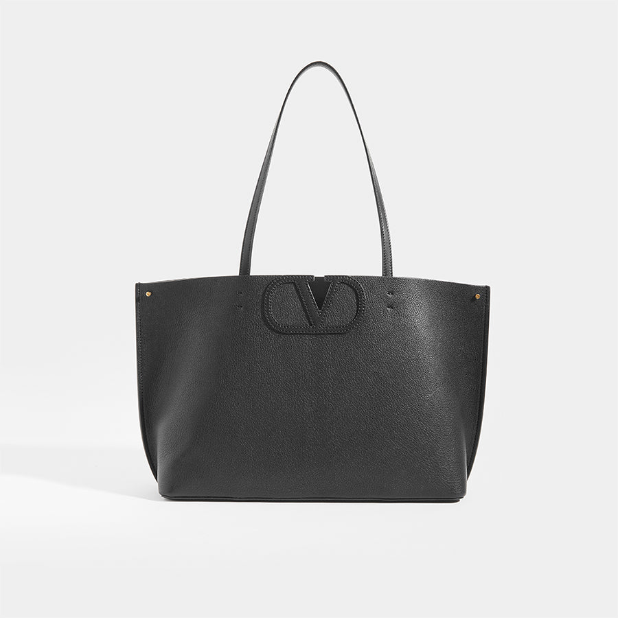 Front View of VALENTINO Garavani Fill Me Tote in Black Leather