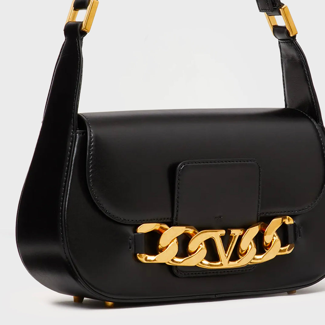 Medium V-Logo Chain Leather Shoulder Bag in Black