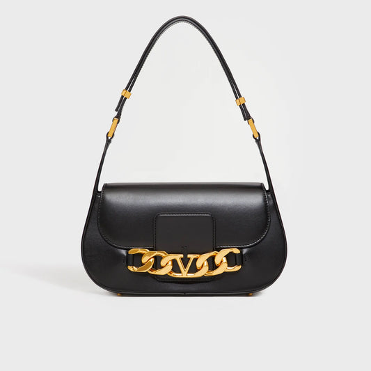 Medium V-Logo Chain Leather Shoulder Bag in Black