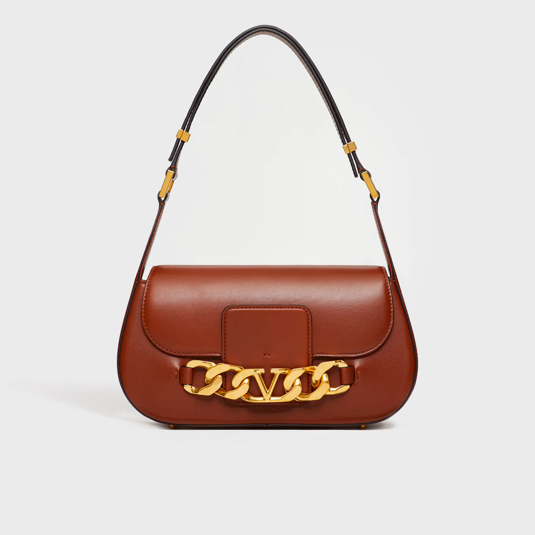 VALENTINO Medium V-Logo Chain Leather Shoulder Bag in Brown