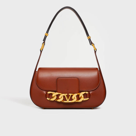 Front of the VALENTINO Medium V-Logo Chain Leather Shoulder Bag in Brown