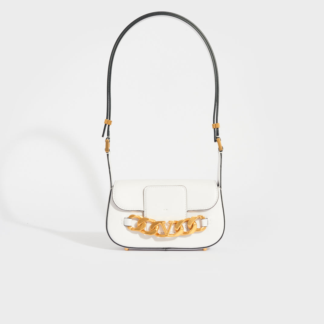 VALENTINO Small V-Logo Chain Leather Shoulder Bag in White