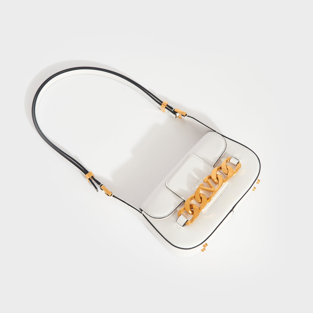 Small V-Logo Chain Leather Shoulder Bag in White